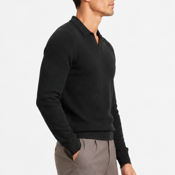 Men's Black Open-Weave Knit Polo Sweater