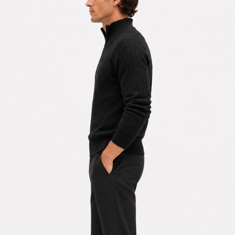Men's Black Cable Knit Quarter Zip Sweater