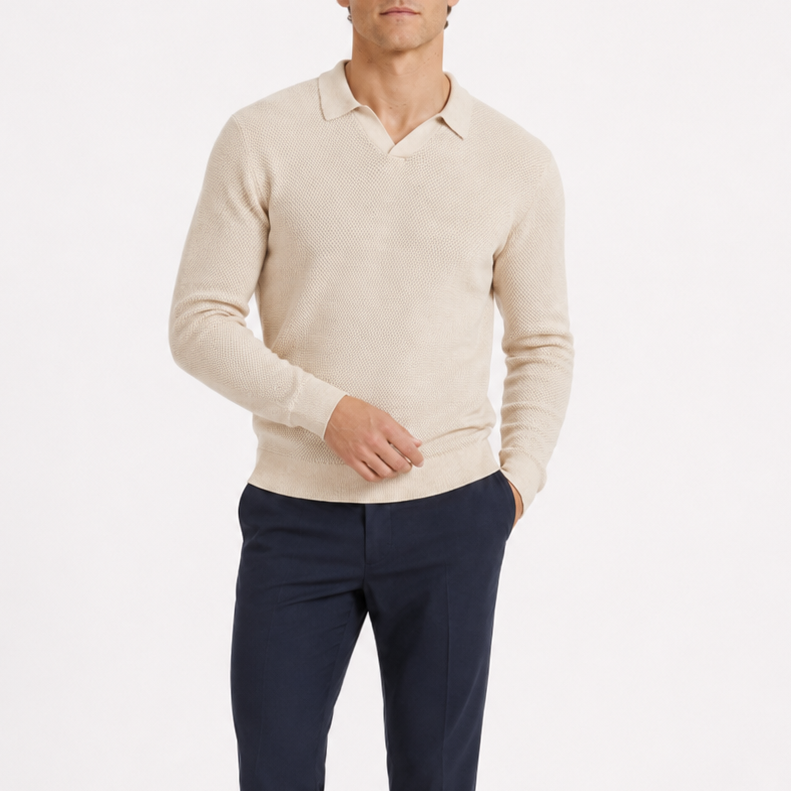 Men's Beige Open-Weave Knit Polo Sweater