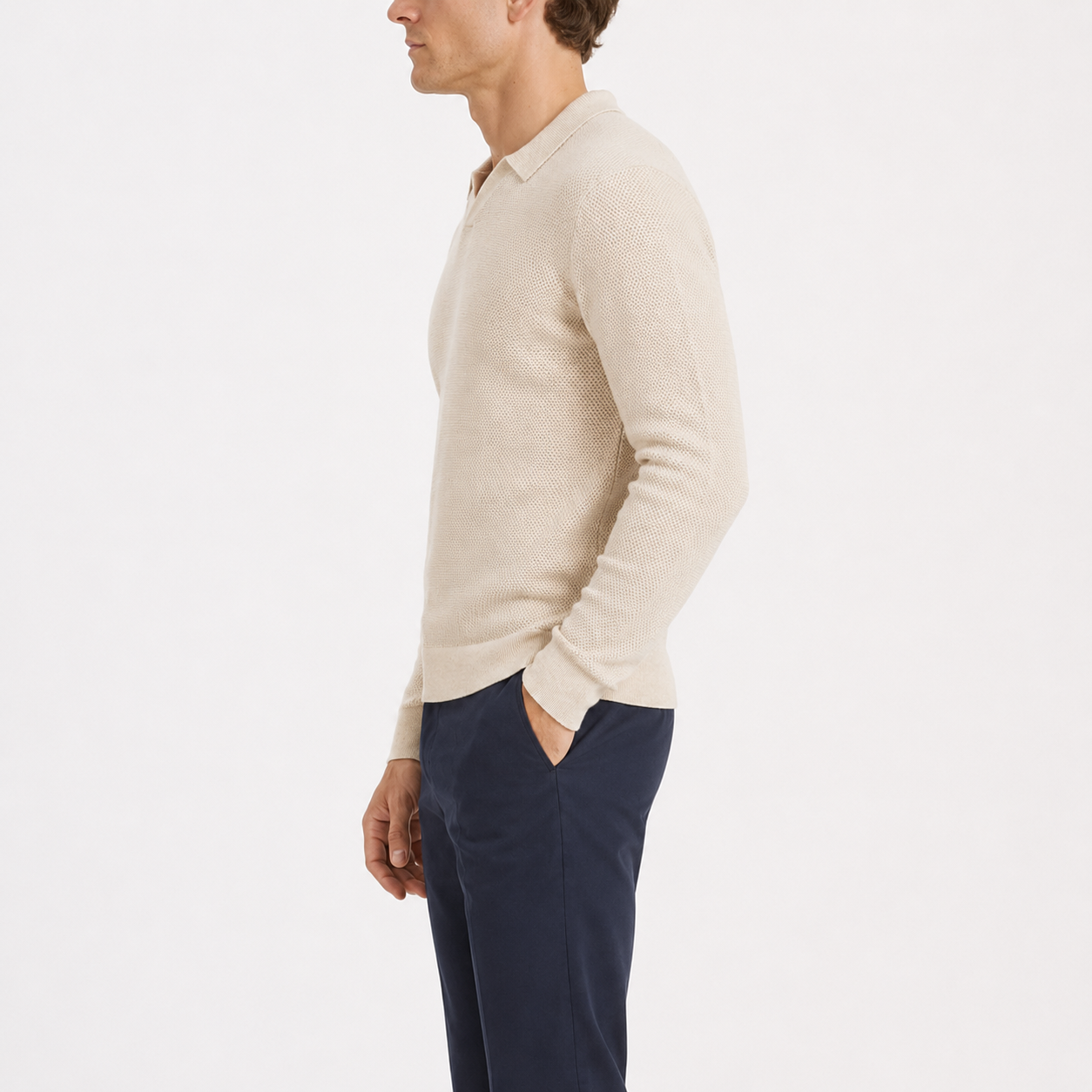 Men's Beige Open-Weave Knit Polo Sweater