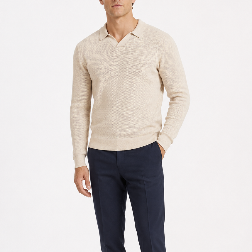 Men's Beige Open-Weave Knit Polo Sweater