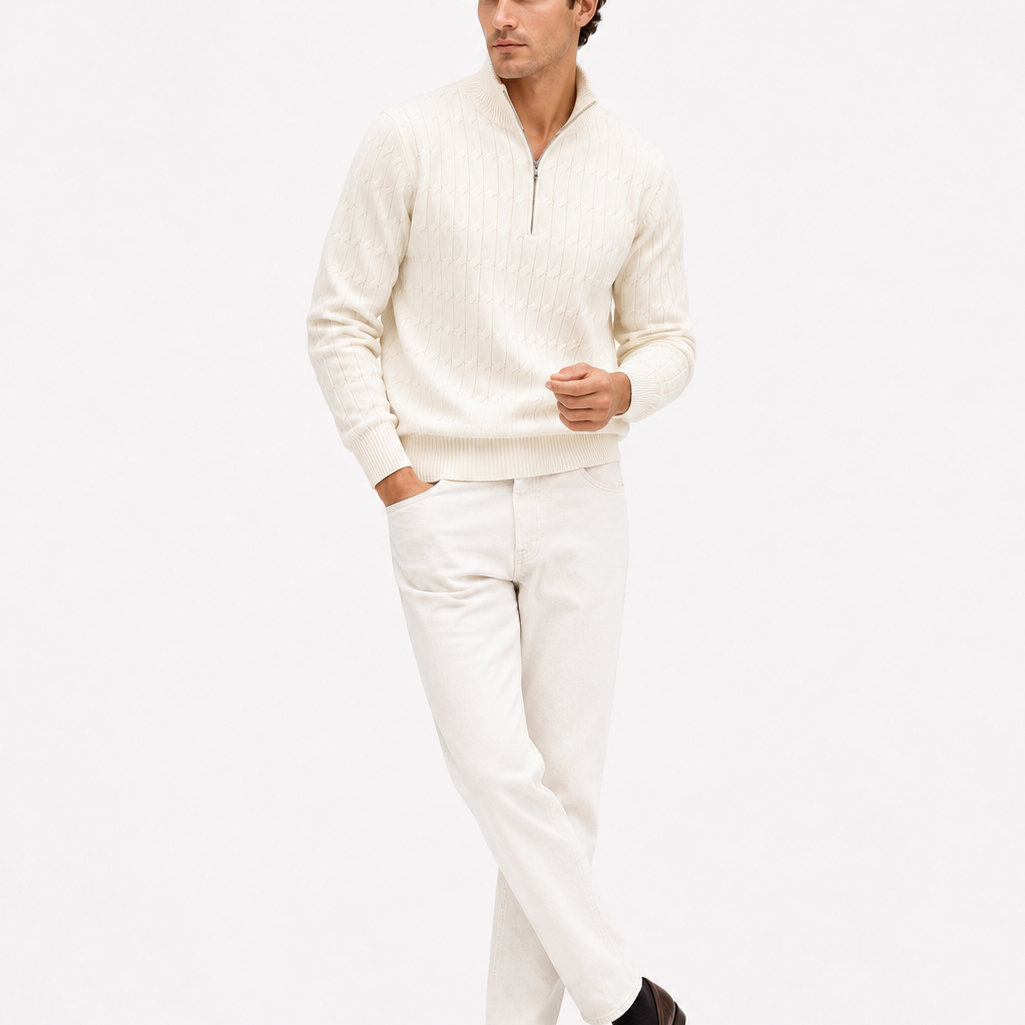 Men's White Cable Knit Quarter Zip Sweater
