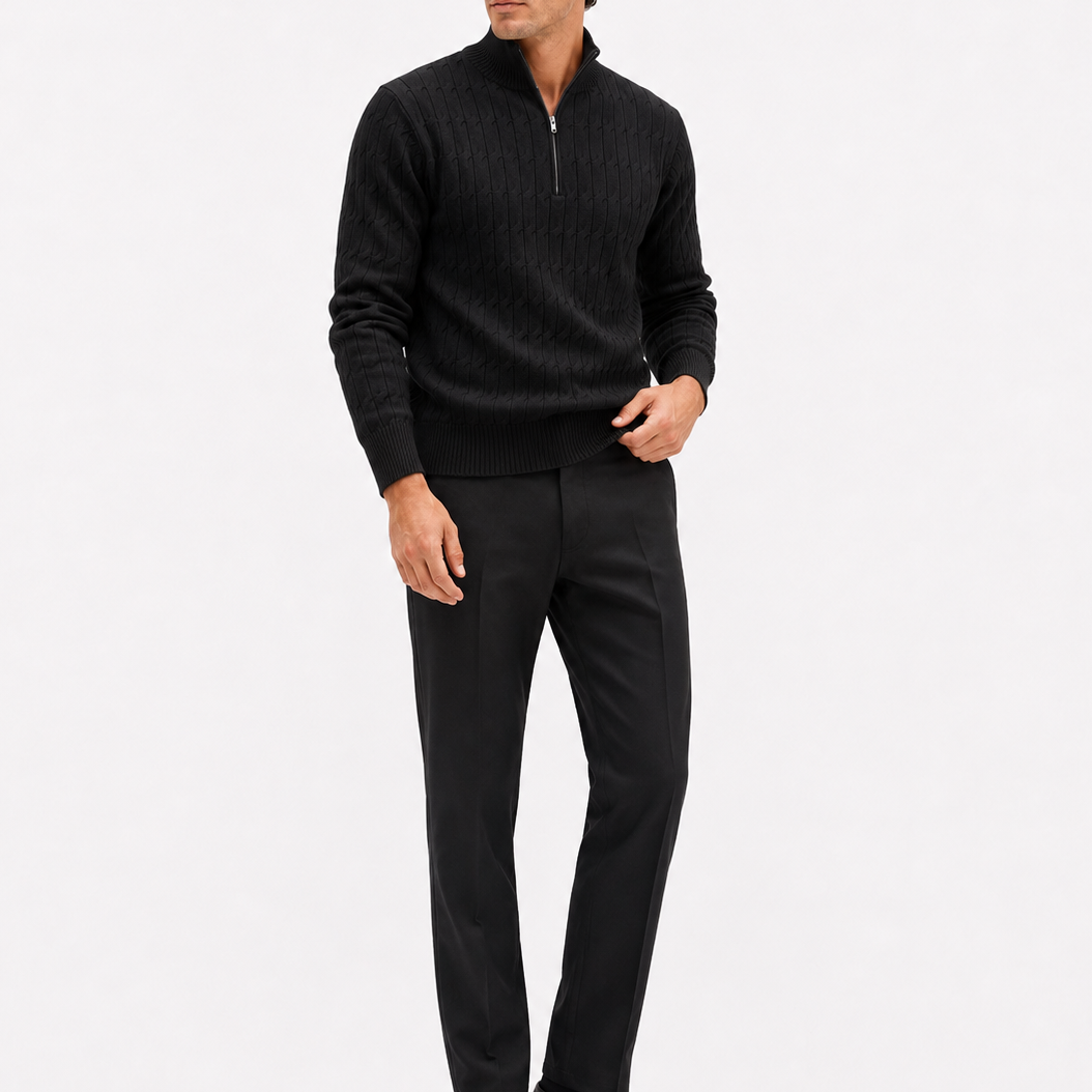 Men's Black Cable Knit Quarter Zip Sweater