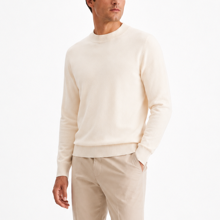 Men's Beige Knit Crew Neck Sweater - Long Sleeve Pullover
