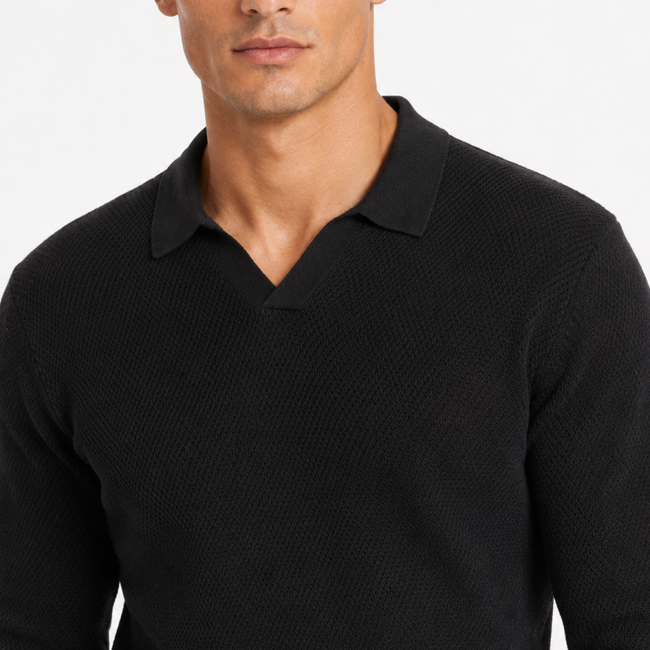 Men's Black Open-Weave Knit Polo Sweater