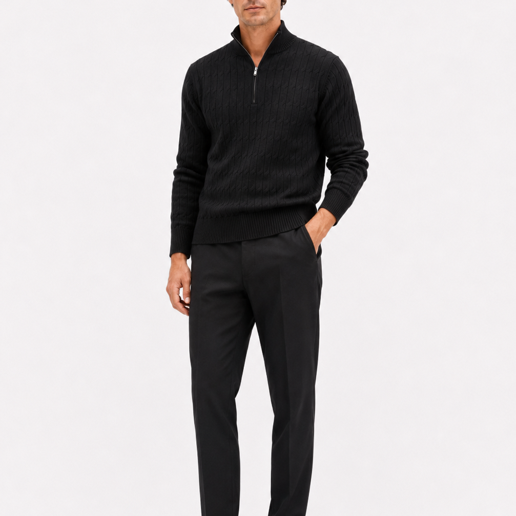 Men's Black Cable Knit Quarter Zip Sweater