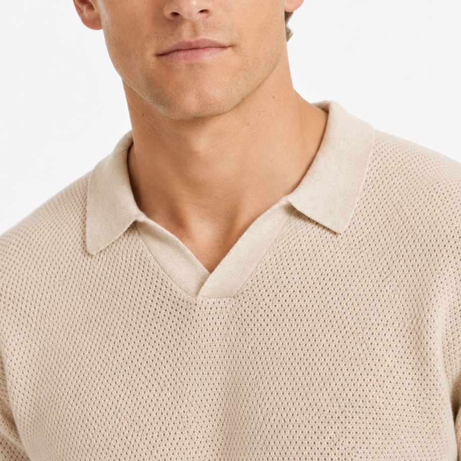 Men's Beige Open-Weave Knit Polo Sweater