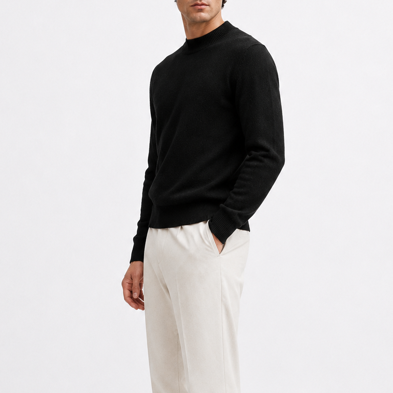 Men's Black Knit Crew Neck Sweater - Long Sleeve Pullover