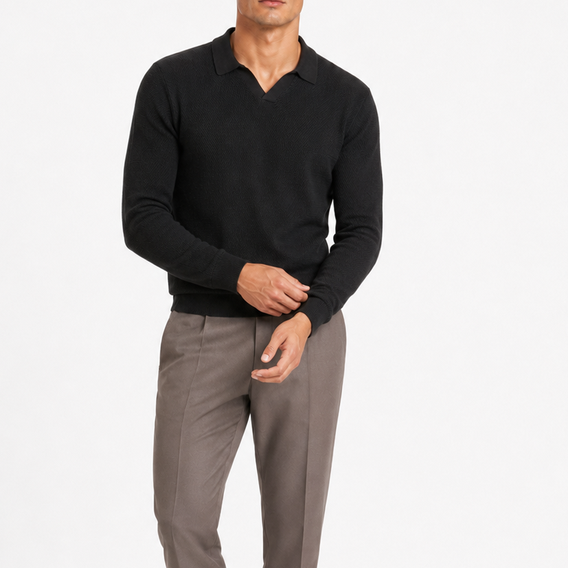 Men's Black Open-Weave Knit Polo Sweater