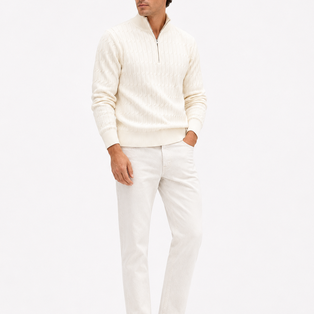 Men's White Cable Knit Quarter Zip Sweater