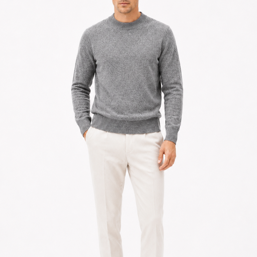 Men's Grey Knit Crew Neck Sweater - Long Sleeve Pullover