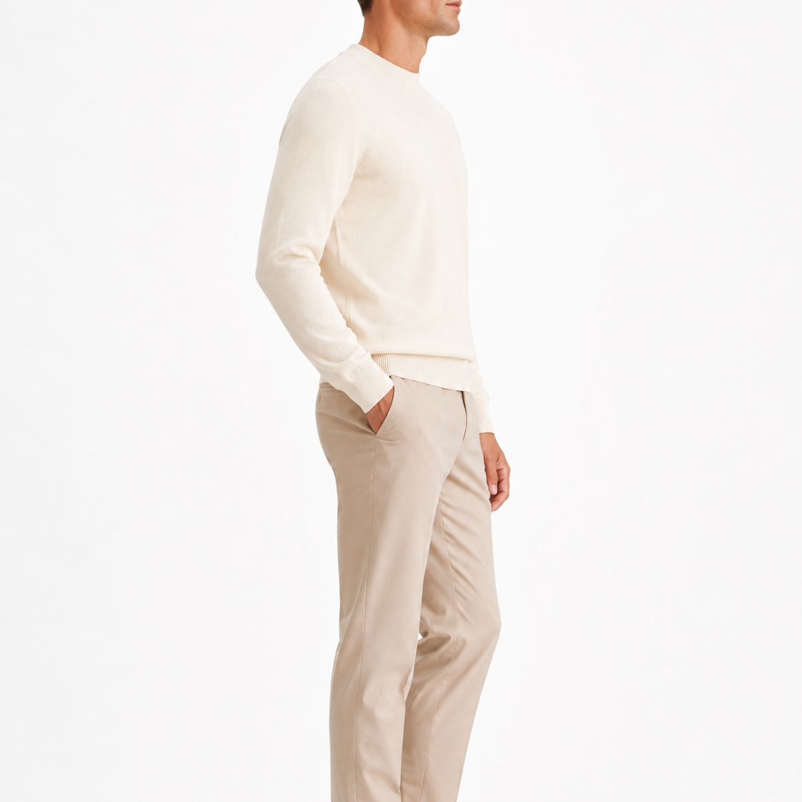 Men's Beige Knit Crew Neck Sweater - Long Sleeve Pullover