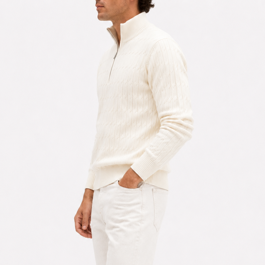 Men's White Cable Knit Quarter Zip Sweater