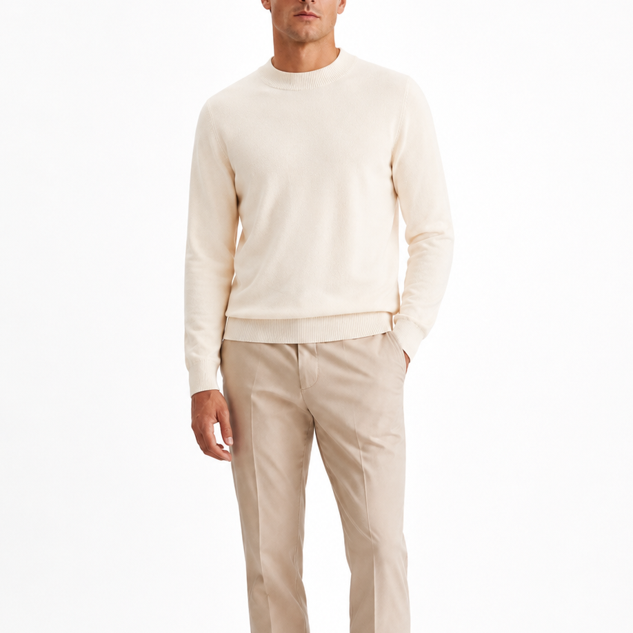 Men's Beige Knit Crew Neck Sweater - Long Sleeve Pullover