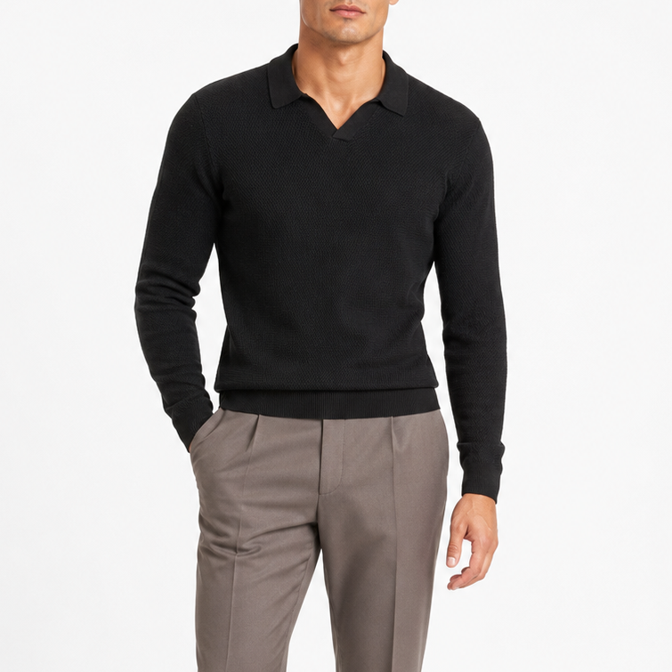 Men's Black Open-Weave Knit Polo Sweater